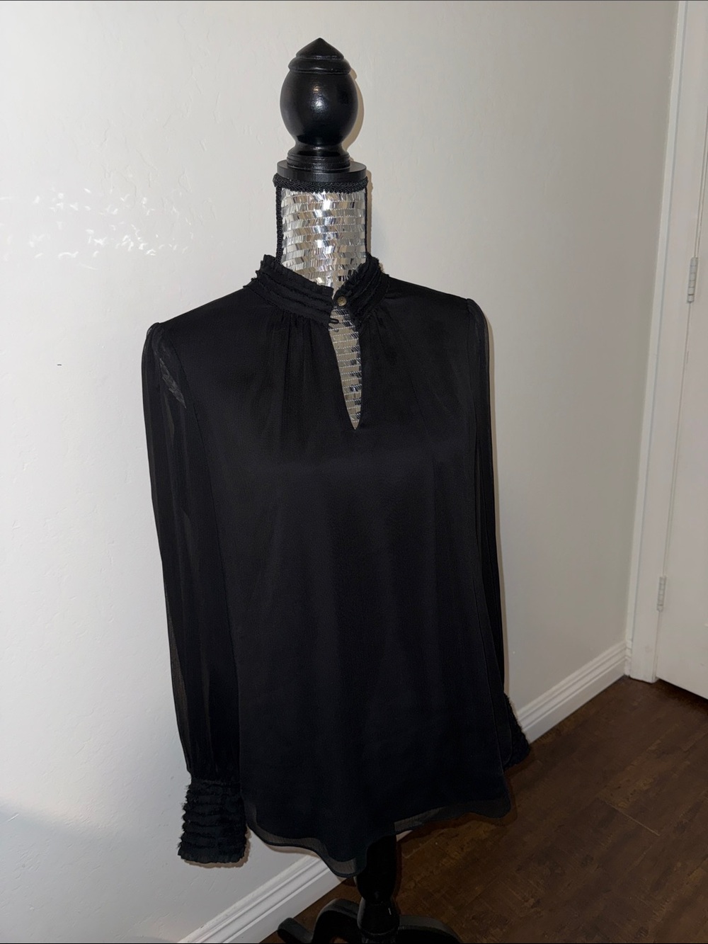 White House Black Market Black Ruffled Mock-Neck Long-Sleeve Blouse